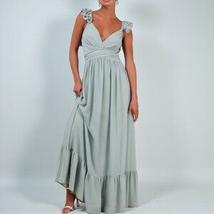 Lulus Soiree Celebration Light Blue Floral Ruffled Lace-Up Maxi Dress  Size M